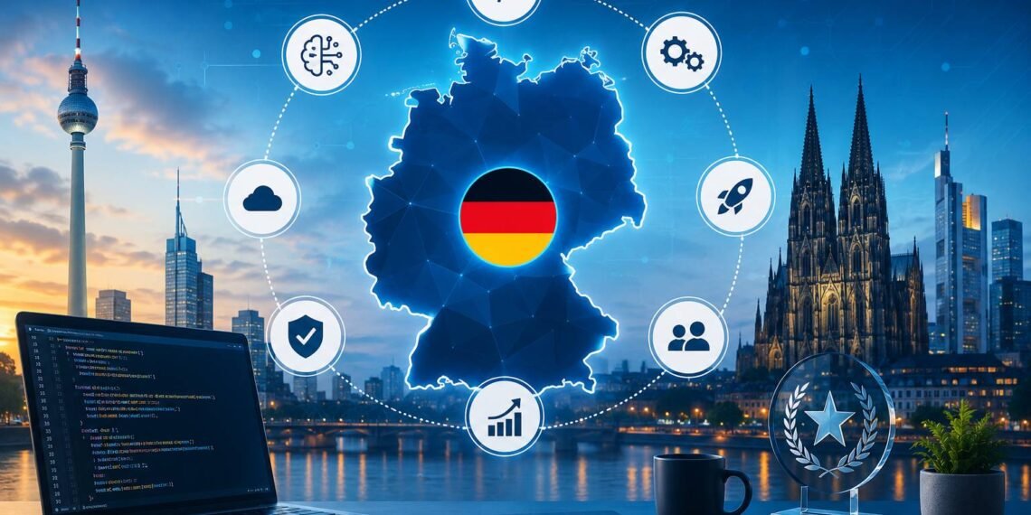 Business team reviewing custom software development options in Germany