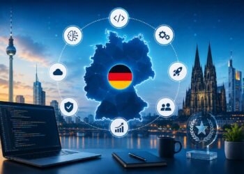 Business team reviewing custom software development options in Germany
