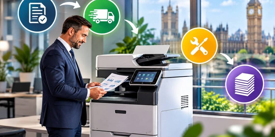 Multifunction office printer in a UK business office, supplied under a rental agreement